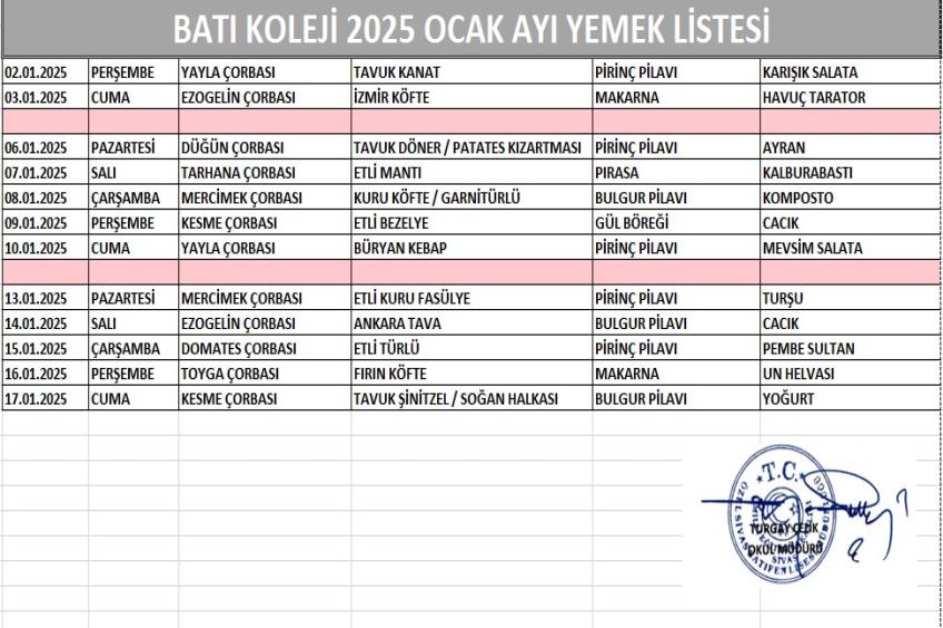 OCAK AYI (2025) YEMEK LİSTESİ